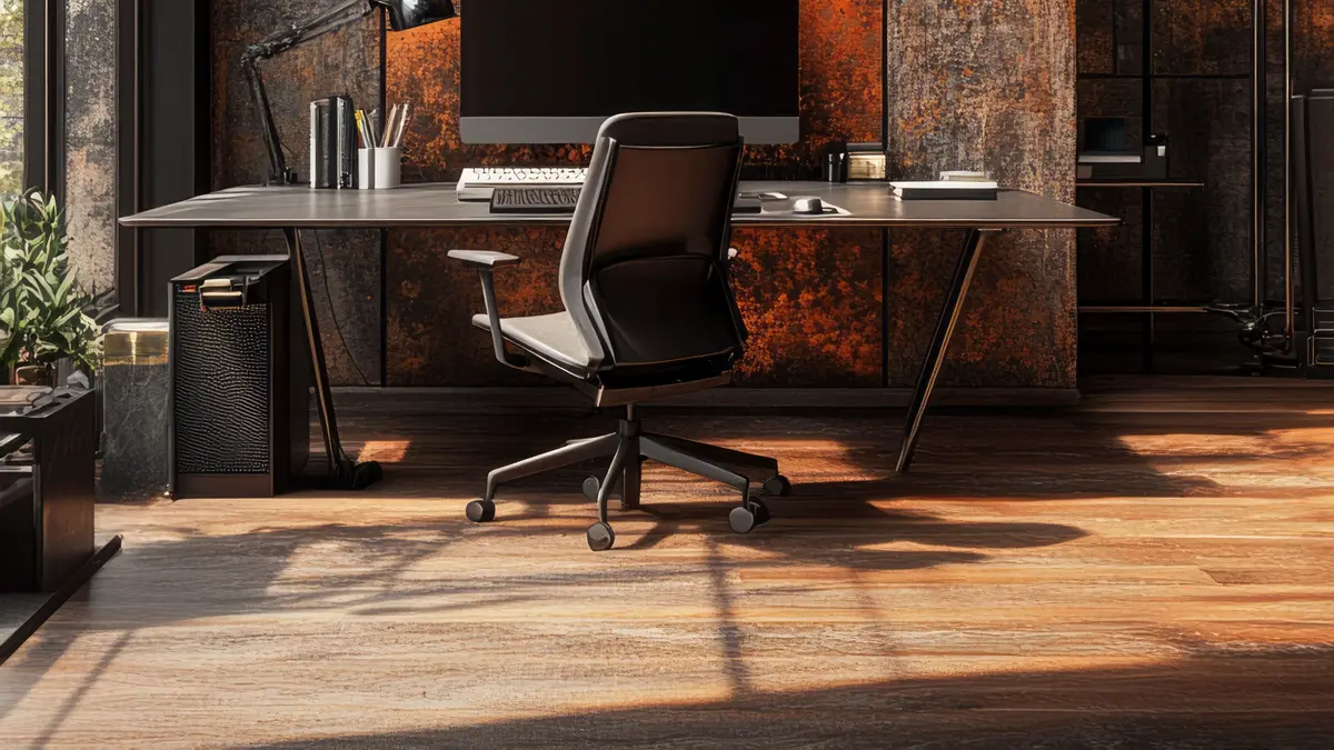 Modern workspace with warm metal finishes